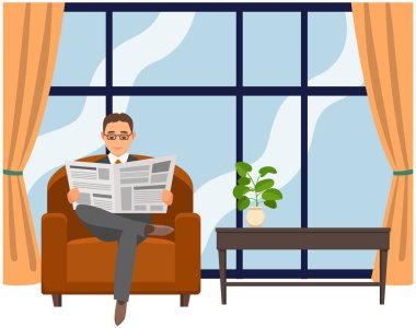 Ciddi bir adam sandalyede oturur ve gazete okur. Meşgul erkek karakter, haber getiren iş adamı