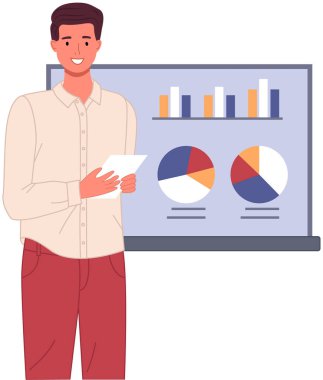 Adam dijital raporu verilerle analiz ediyor. İstatistiksel göstergeler ve grafik bilgi görselleştirmesi