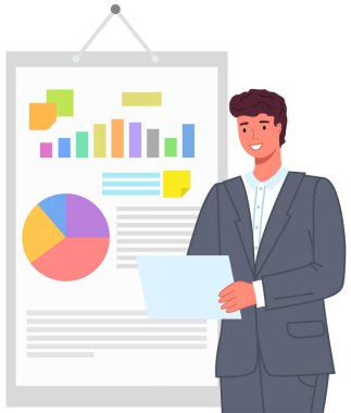 Adam dijital raporu verilerle analiz ediyor. İstatistiksel göstergeler ve grafik bilgi görselleştirmesi