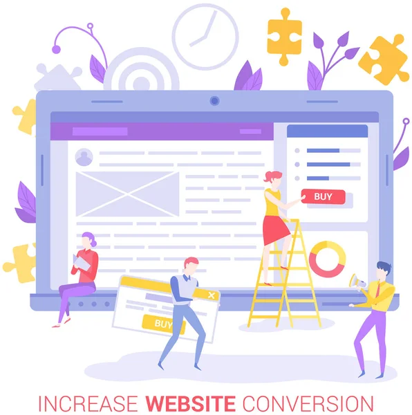 Människor arbetar med webbutveckling. Seo optimering, öka webbsidan för online försäljning konvertering — Stock vektor