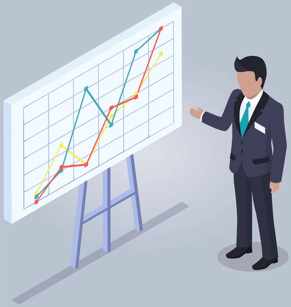 Man analyses digital report with data. Statistical indicators and graphic information visualization — Stock Vector