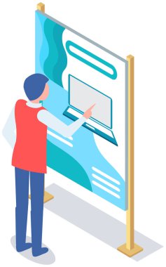 Adam bilgisayarlı ticari afişe bakıyor. Reklam standı, tahtada dizüstü bilgisayar duyurusu