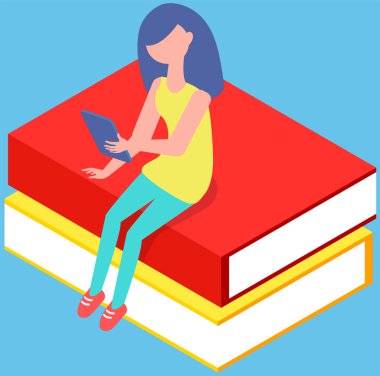 Kendi kendine eğitim, kitap okuyan kız, okumak ve yeni bilgiler edinmek. Kitap yığınının üzerinde oturan öğrenci