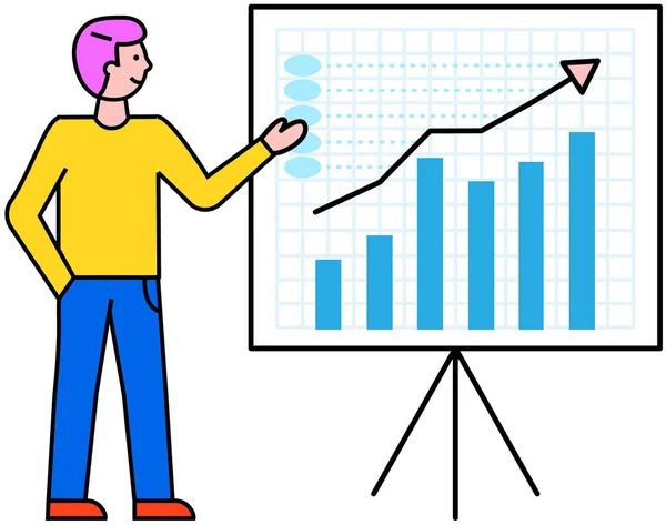 Desempenho com gráfico. Relatório de contabilidade financeira a bordo. Gerente mostra diagrama de processo de negócios —  Vetores de Stock