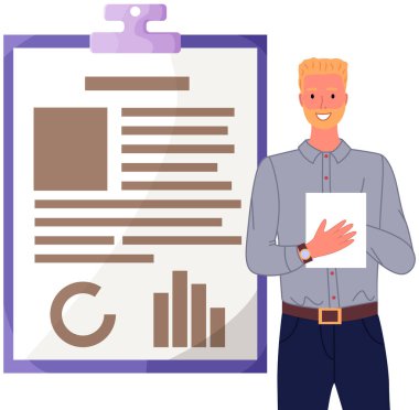 Adam dijital raporu verilerle analiz ediyor. İstatistiksel göstergeler ve grafik bilgi görselleştirmesi
