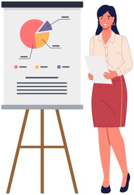 Kadın çalışan istatistiksel araştırmaların sonuçlarını sunuyor, dizüstü bilgisayarla veri analizi yapıyor