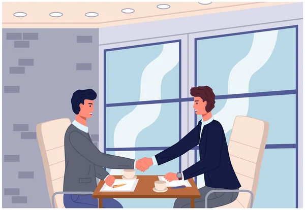 ビジネスパートナーシップ協力。契約締結後握手をするビジネスマン — ストックベクタ