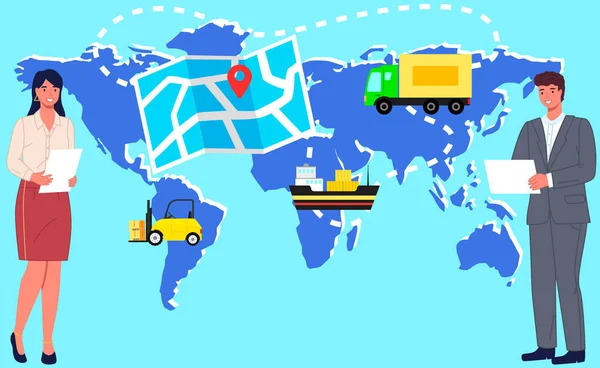 Logistics σε όλο τον κόσμο, διεθνές πρότυπο ιστοσελίδα αποστολής. Παράδοση δεμάτων σε όλο τον κόσμο — Διανυσματικό Αρχείο