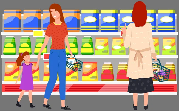 Οι άνθρωποι κάνουν αγορές, επιλέγουν αγαθά, αγοράζουν προϊόντα σε σούπερ μάρκετ, παντοπωλείο, ψωνίζουν με τρόφιμα — Διανυσματικό Αρχείο