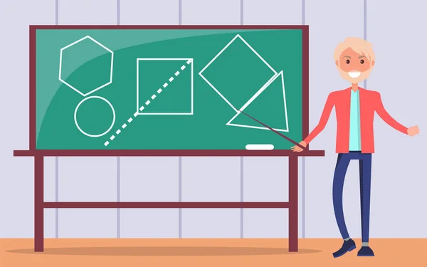 Un ragazzo conduce lezioni di geometria a scuola. Insegnante uomo che mostra figure geometriche alla lavagna — Vettoriale Stock