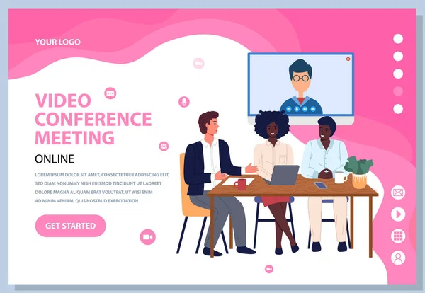 İnsanlar konferans, toplantı ve iş görüşmesi sırasında online video görüşmeleri ile iletişim kurarlar. — Stok Vektör