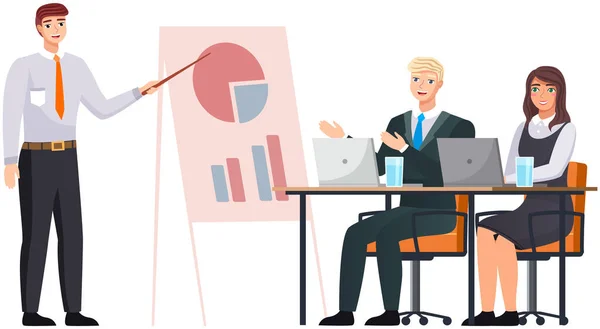 Manager maakt een presentatie van een statistisch rapport. Analyse en planning bedrijfsconcept — Stockvector