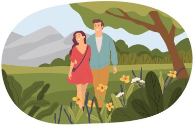 Family walks in nature, date on park. People in love spending time together oudoor. Couple in relationship walks by handle in forest. Guy and girl communicate and relax in spring or summer park