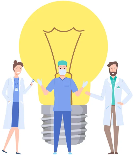 수술에서 아이디어를 새로운 결정의 상징으로 전구를 아이디어를 만들어 사람들 의사들의 — 스톡 벡터
