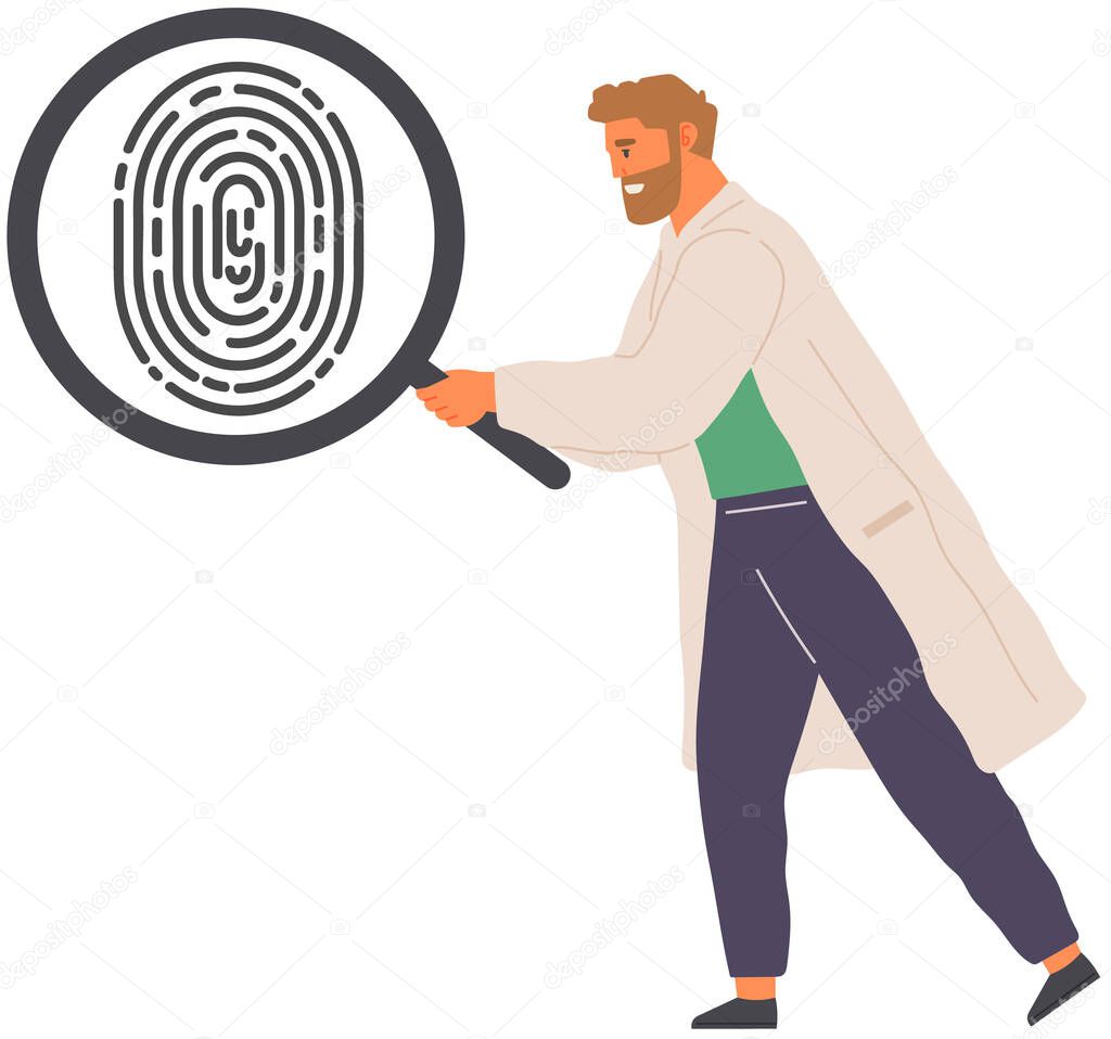 Man looking at black and white finger print with search loupe. Scientist examines evidence of crime. Male near fingerprint of suspect under magnifying glass. Analytics and research for consequence