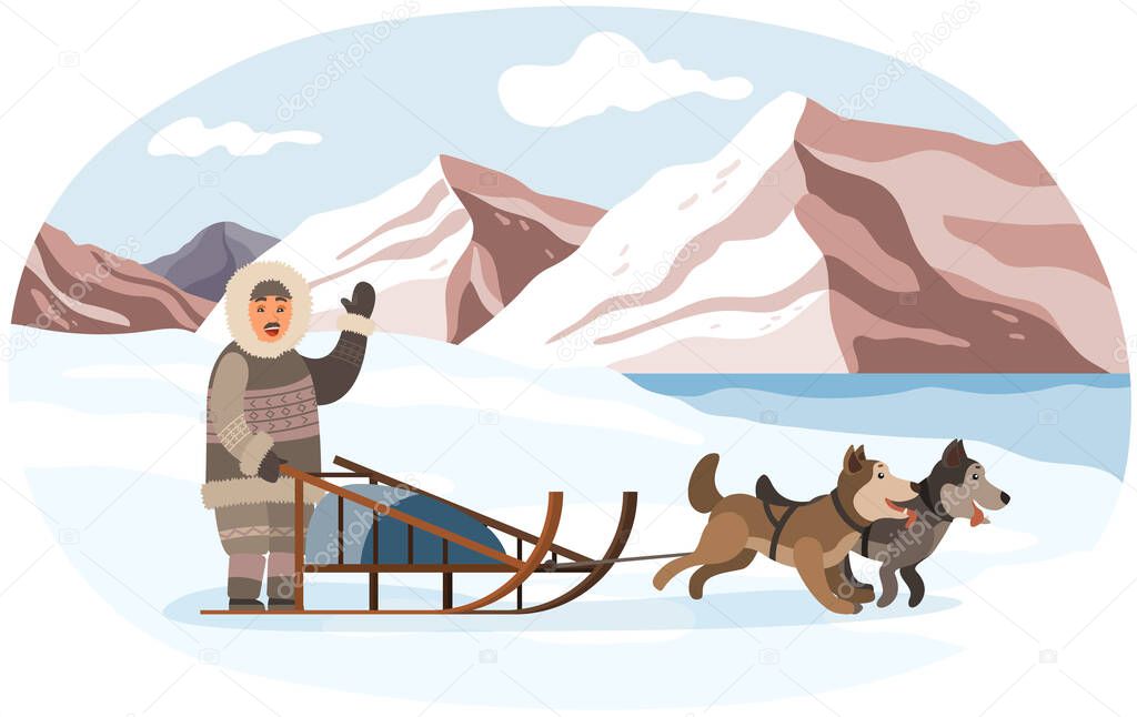 Eskimo on sleigh with husky dogs rides through desert and snowy forests. Man in warm clothes living in Arctic. Landscape with mountains, beautiful view of pole. Polar region nature, winter scenery
