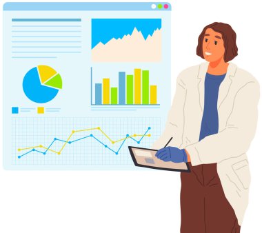 Çözüm arayışı, bilimsel analiz konsepti. İstatistiksel tabloya bakan bir kadın. Bilim adamı veri analizi ve istatistik araştırmaları üzerinde çalışıyor. Büyüteci olan kişi diyagramı analiz eder