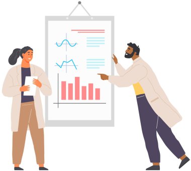 Çözüm arayışı, bilimsel analiz konsepti. Adam istatistiksel tabloya bakıyor. Bilim adamı veri analizi ve istatistik araştırmaları üzerinde çalışıyor. Büyüteci olan kişi diyagramı analiz eder