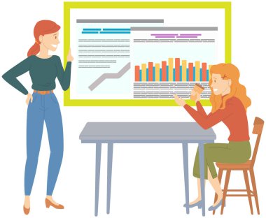 Analitik ve geliştirme istatistikleri. Web analiz ölçümü, ürün test teknolojisi. Kadın dijital raporu analiz ediyor. İstatistiksel göstergeler ve diyagramda veriler. Grafiksel bilgi görselleştirmesi
