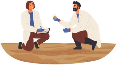 Çevreciler doğayı keşfeder, toprağı ya da kumu analiz eder. Araştırmacılar biyomateryal örnekleri alıyorlar. Çevre ve ekoloji araştırmaları. Bilim adamları ekolojik deneyler yapıyorlar. Kaşiflerin soruşturması