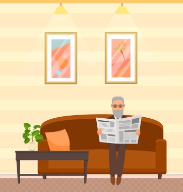 Ciddi bir adam sandalyede oturur ve gazete okur. Rahat bir odada başarılı birinin rahatına bak. Elinde gazete olan yetişkin bir işadamı. Modern ev ya da otel odasının iç tasarımı.