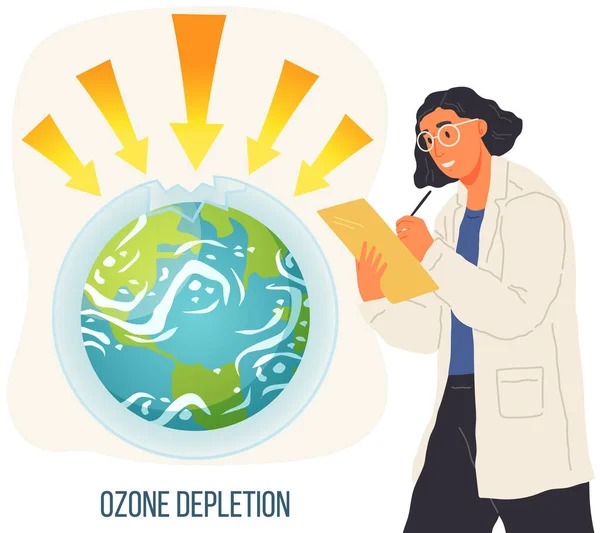 Глобальное Потепление Концепция Озонового Слоя Ученый Изучает Проблемы Проблемы Истощения — стоковый вектор