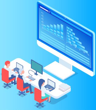 Ofiste iletişim kuran iş adamları istatistikleri tartışıyor, farklı grafik ve grafikleri analiz ediyorlar. Finansal muhasebe konsepti. Organizasyon süreci, analitik, planlama, rapor, pazar analizi