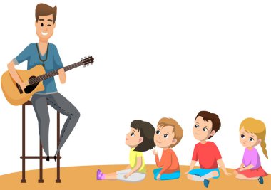 Çizgi film babası evde çocuklarıyla gitar çalıp şarkı söylüyor. Aile evde eğleniyor. Çocuk öğrenciler koroda şarkı söylüyor ve müzik dersinde öğreniyor, anaokulunda vokal dersi