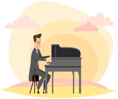 Konser kostümü içindeki piyanist karakter sahnedeki senfonik orkestra ya da opera performansı için kuyruklu piyanoda beste yapıyor. Müzik grubunun yetenekli sanatçısı klavye enstrümanı çalıyor