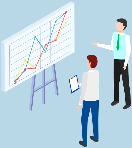 Empresários Que Comunicam Escritório Discutem Estatísticas Analisam Diferentes Gráficos Gráficos —  Vetores de Stock