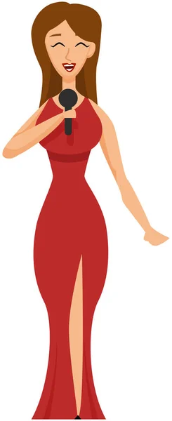 Young Beautiful Girl Sings Song Microphone Standing Red Dress Presenter — Stock Vector