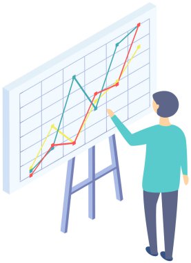 Analitik bilgi ve geliştirme istatistikleri. Web analiz ölçümü, ürün test teknolojisi. Adam gösterge panelinin optimizasyonunu, dijital raporunu analiz ediyor. Diyagramda istatistiksel göstergeler ve veriler