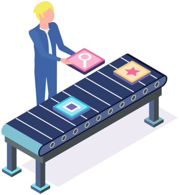 Adam kasetteki dosyaları kontrol ediyor, program taşıyıcısı. Geliştirici uygulama simgelerini, renkli kareleri analiz eder. Eşyalar taşıyan taşıyıcı, hareket eden bant. Sürekli hareket eden makine ve taşıyıcı ile çalışan erkek karakter