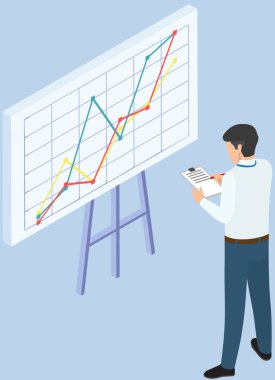 Analitik bilgi ve geliştirme istatistikleri. Web analiz ölçümü, ürün test teknolojisi. Adam gösterge panelinin optimizasyonunu, dijital raporunu analiz ediyor. Diyagramda istatistiksel göstergeler ve veriler