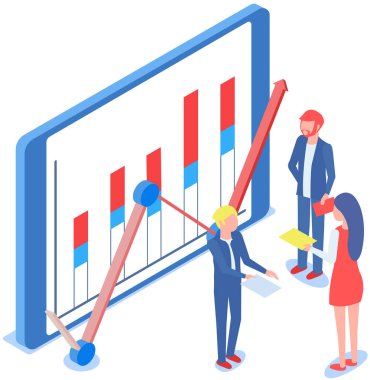 Ofiste iletişim kuran iş adamları istatistikleri tartışıyor, farklı grafik ve grafikleri analiz ediyorlar. Finansal muhasebe konsepti. Organizasyon süreci, analitik, planlama, rapor, pazar analizi