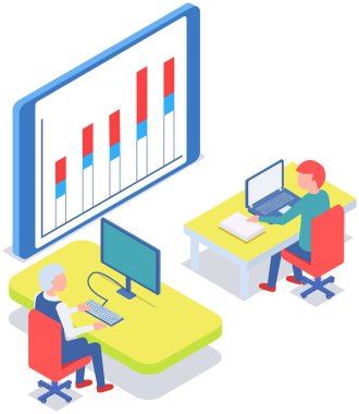 Ofiste iletişim kuran iş adamları istatistikleri tartışıyor, farklı grafik ve grafikleri analiz ediyorlar. Finansal muhasebe konsepti. Organizasyon süreci, analitik, planlama, rapor, pazar analizi