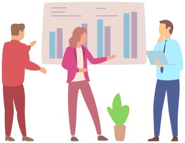 Müdür istatistiksel rapor analiz çizelgelerinin sunumunu yapıyor. Planlama işi. Proje yönetimi, mali raporlama ve strateji için takım çalışması danışmanlığı. Veri analizi araştırma istatistikleri