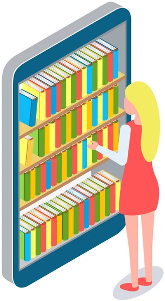 Kobieta Wybiera Książkę Cyfrowej Bibliotece Online Lub Księgarni Aplikacji Smartphone — Wektor stockowy