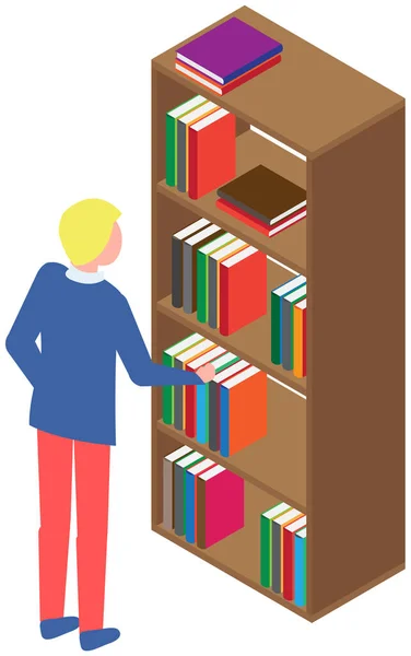 学生は図書館のアイコンブックケースで本を取っています 男性は学校 大学または大学の読書室で勉強します 書棚の近くに立つ書店の男と白に隔離された本の山 — ストックベクタ