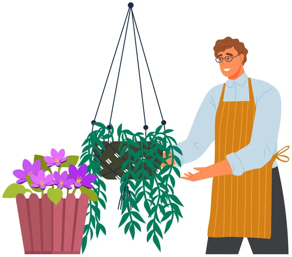 Kertészkedés Kertészet Ültetés Kizöldítés Virágokat Gyógynövényeket Termeszt Kertésznő Kertész Virágcserépben — Stock Vector