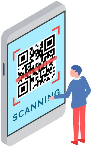 Ασύρματη Πληρωμή Άνθρωπος Στέκεται Smartphone Και Σάρωση Barcode Εφαρμογή Κινητού — Διανυσματικό Αρχείο
