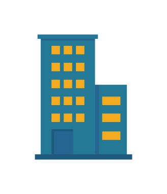 Aydınlatılmış pencere vektör illüstrasyonlu çok katlı ev beyaza izole edilmiş. Ofis binası ya da apartman ikonu, otel ya da hastane