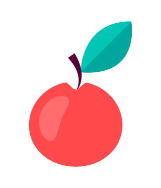 Beyaz üzerine izole edilmiş sağlıklı organik meyve vektörü illüstrasyonunun yeşil yaprak vektör illüstrasyonlu kırmızı elma. Beslenme diyet abur cubur simgesi, düz stil