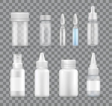 Şeffaf vektör, ilaç ve haplar, spreyler ve burun damlaları, cam kapsül ve vitaminler için farklı şişe ve şahinler izole edildi.