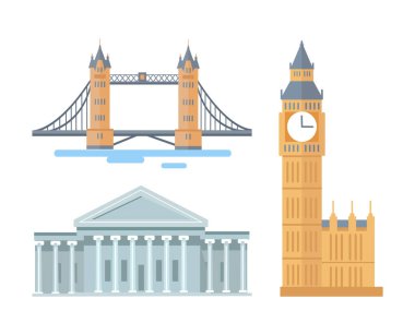 ABD Kongre Binası ve Londra 'dan Big Ben, İngiltere' nin başkentinde yer alan Tower Bridge eğlence merkezi, vektör illüstrasyonunu ayarlayın.