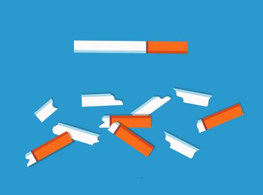 Tütün sigara koleksiyonu yok, insanların bağımlılığı yüzünden tehlike kırık parçalar sigara içme alışkanlıkları, mavi arka planda izole edilmiş vektör çizimleri.