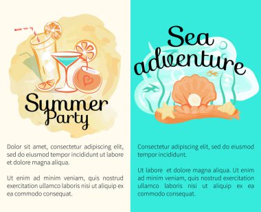 Yaz partisi deniz maceraları kokteyl karışımı, deniz kabuğu inci, tropikal deniz seagrass ve metin vektör çizimleri için yer