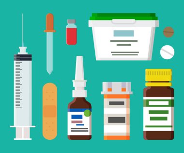 Şırınga ve konteynır koleksiyonu, yuvarlak hap, yaraya yapıştırılacak alçı, ürün depolama için plastik kutu, vektör ilüstrasyonunda izole edilmiş damlalar