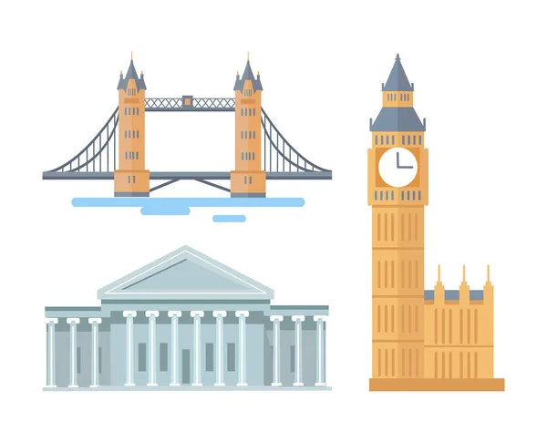 Capitol of USA home of the United States Congress and Big Ben of London, Tower Bridge attraction located in British capital, set vector illustration