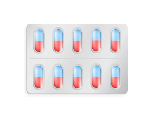 治疗用的蓝色和红色胶囊包 阿斯匹林或维生素在药片载体中 止痛药或抗生素药丸治疗水泡的包装 — 图库矢量图片